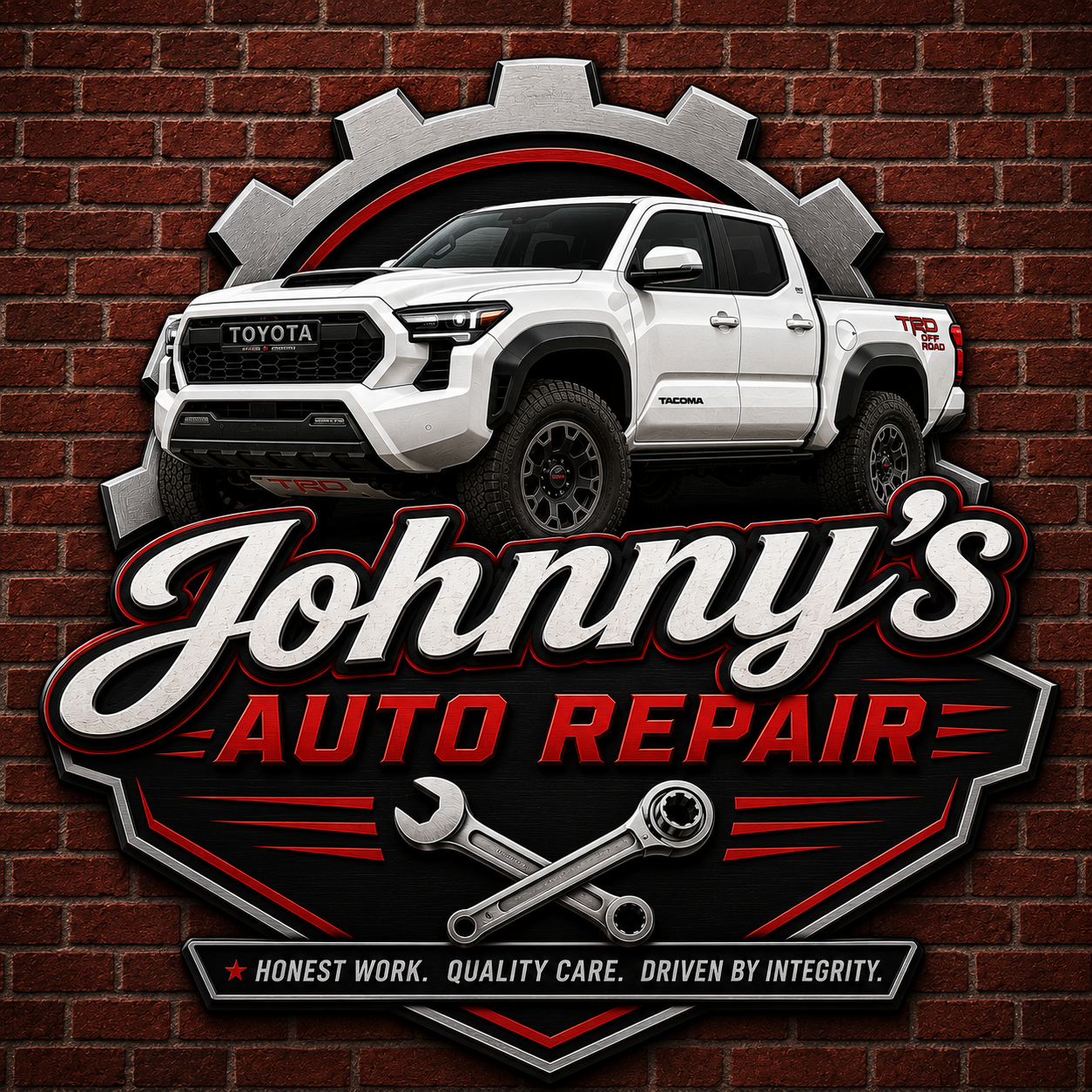 Johnny's Auto Repair logo in Victorville CA, featuring a white Toyota Tacoma truck, crossed wrenches, and a brick wall background.