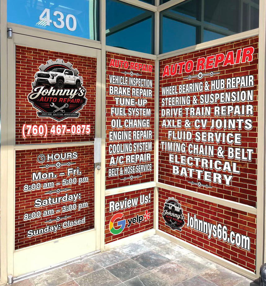 Glass entrance at Johnny's Auto Repair on Ridgecrest Rd in Victorville, CA, with red brick-pattern window graphics showing the shop logo, the phone number (760) 467-0875, service hours, and a list of repairs including brake repair, A/C repair and engine repair